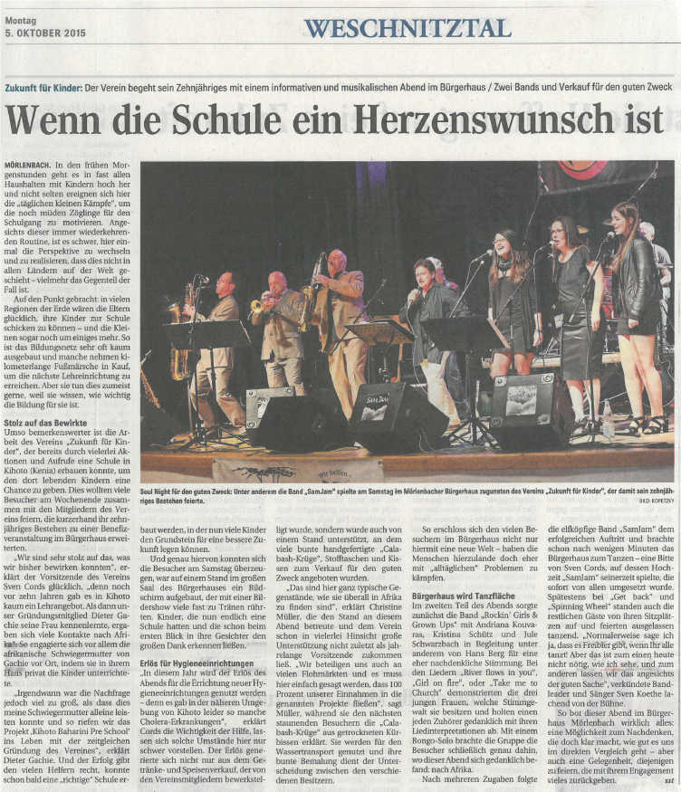 Zeitungsartikel WNOZ 05.10.2015 Benefizkonzert Buergerhaus